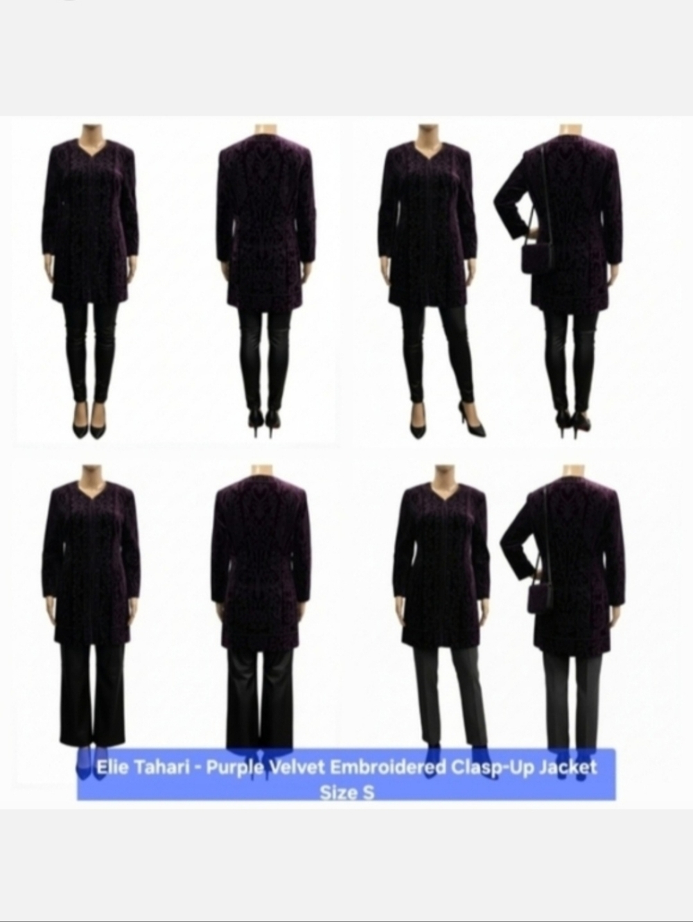Elie Tahari Purple Velvet Embroidered Clasp-Up Jacket Size S